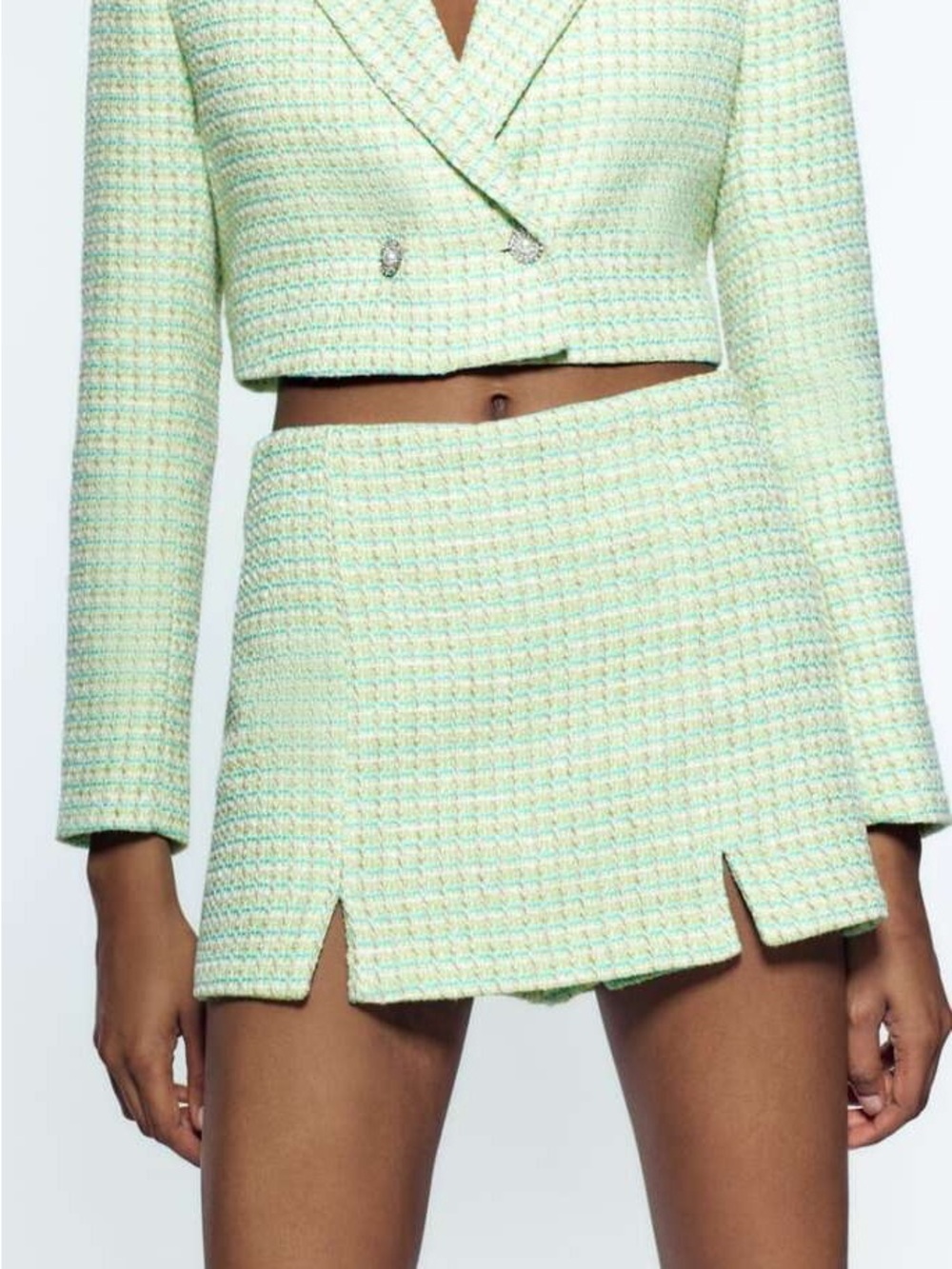 Zara Mint Tweed High Waisted Mini skort with Front Slits